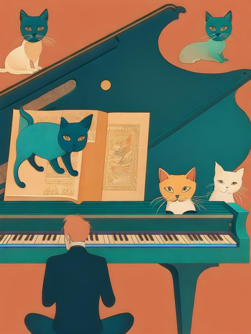 01050-869460962-a person sitting at a piano with a cat on top of it and two cats on the other side of the piano by Victo Ngai.png